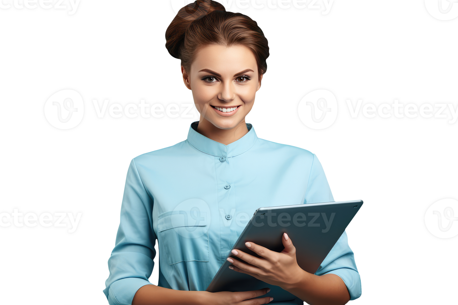 Bright Smiling Young Medical Female with Golden Short Hair and Holding Laptop . A Fictitious Character Created By . png