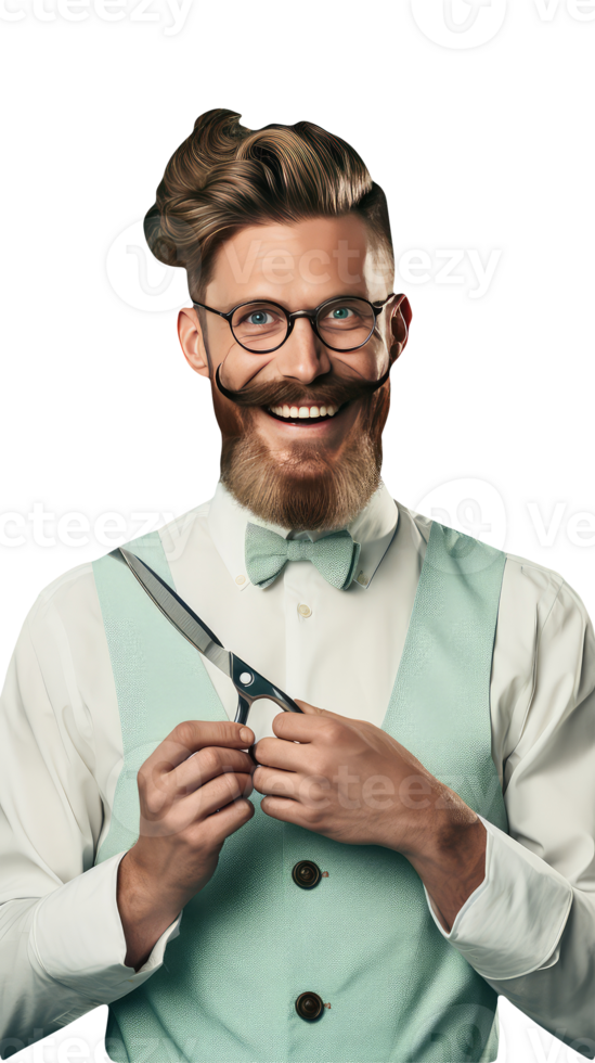 A Barber or Hairstylist Portrait of Bright Smiling Beard Man Holding Scissor. A Fictitious Character Created By . png