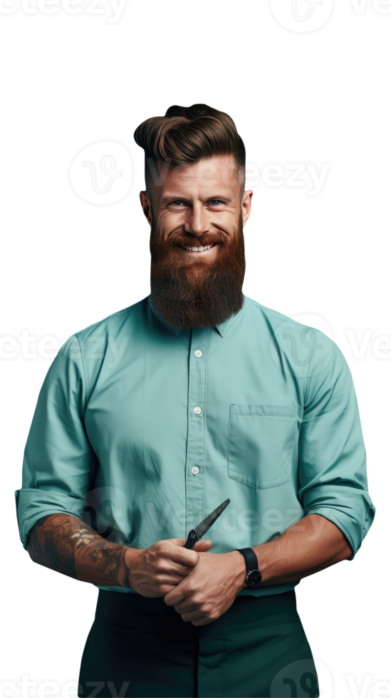 A Barber or Hairstylist Portrait of Bright Smiling Beard Man Holding Scissor. A Fictitious Character Created By . png