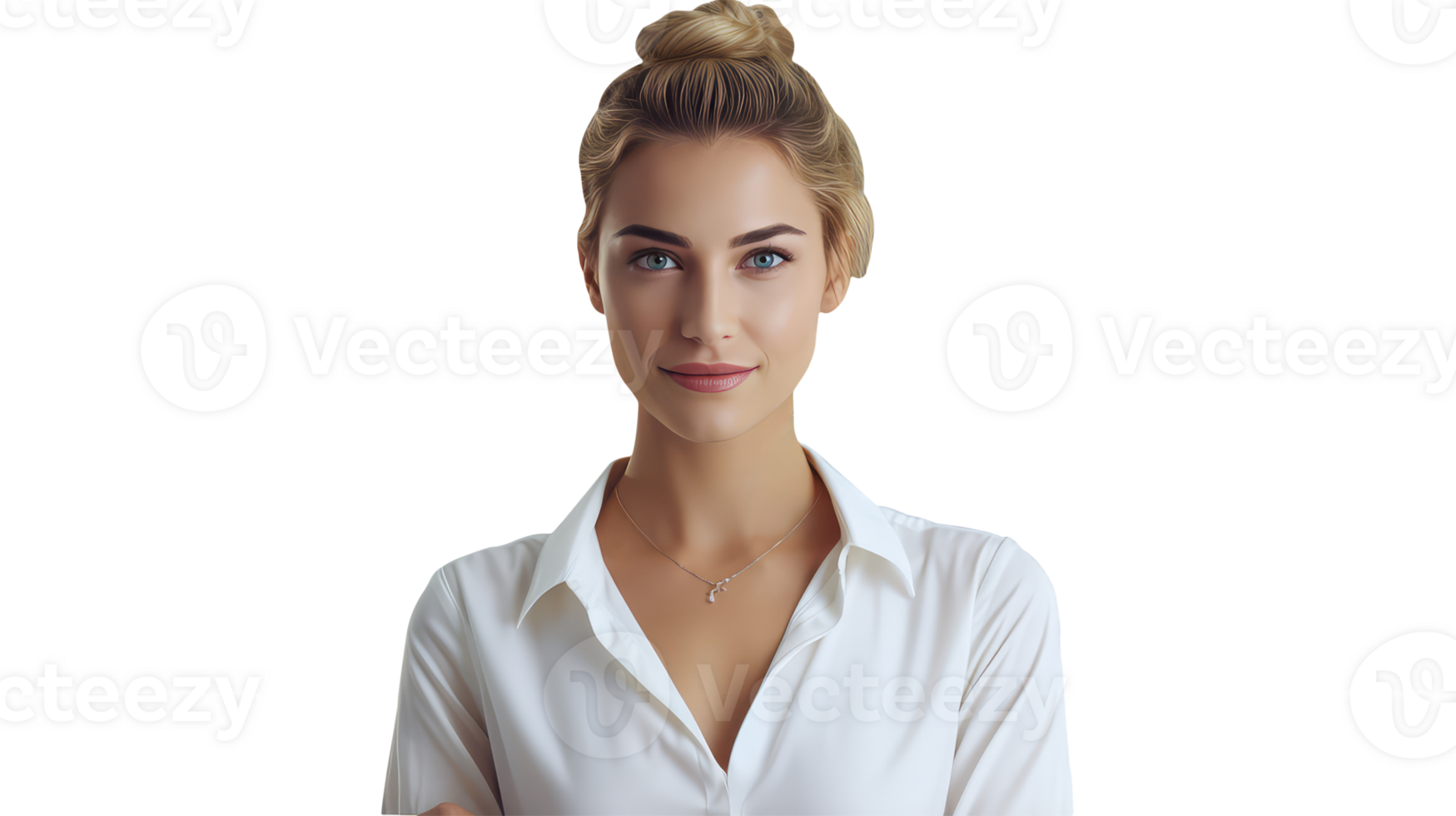 Blue Eye Contact Young Woman Wearing White Shirt and Golden Top Hair Bun. A Fictitious Character Created By . png