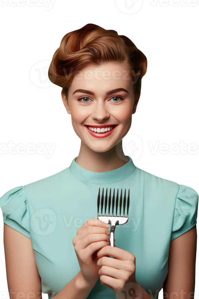 Bright Smiling Woman with Golden Hair and Holding Fork Spoon. A Fictitious Character Created By . png