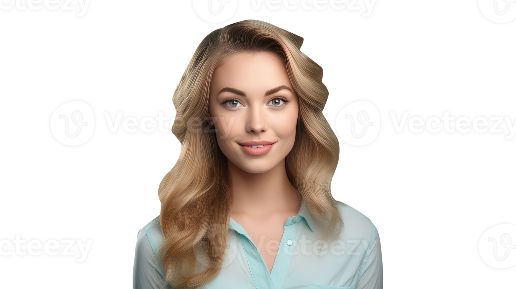 Bright Smiling Young Woman Wearing Turquoise Shirt and Golden Hair. A Fictitious Character Created By . png
