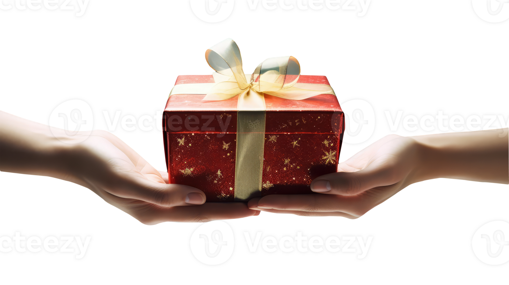 Close up Person Hand to Hand Holding Present a Red Gift Box Wrapped with Golden Ribbon Package in the Palms For Celebrate Happiness, Sacrificing, Volunteer Donation. png