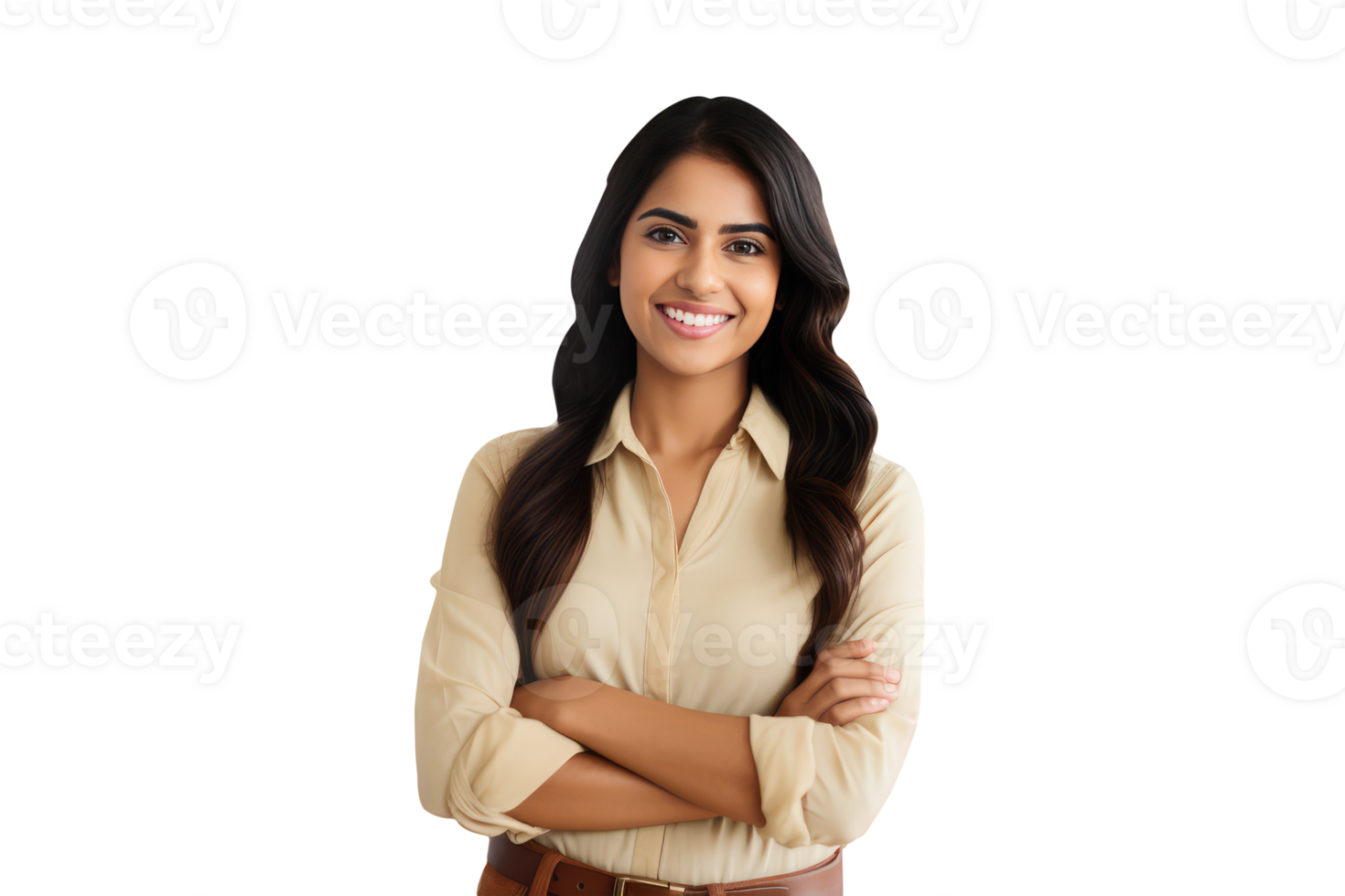 Portrait of Charming Indian Woman with Arm Closed in Beige Shirt. A Fictitious Character Created By . png