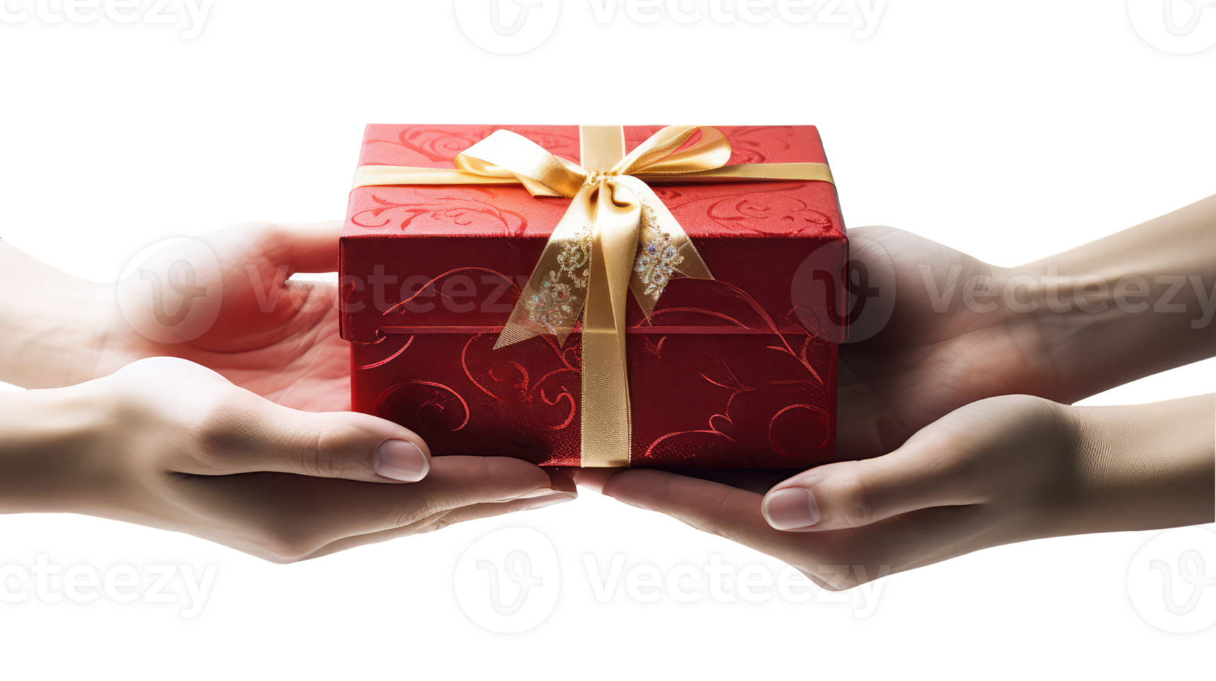 Close up Person Hand to Hand Holding Present a Red Gift Box Wrapped with Golden Ribbon Package in the Palms For Celebrate Happiness, Sacrificing, Volunteer Donation. png