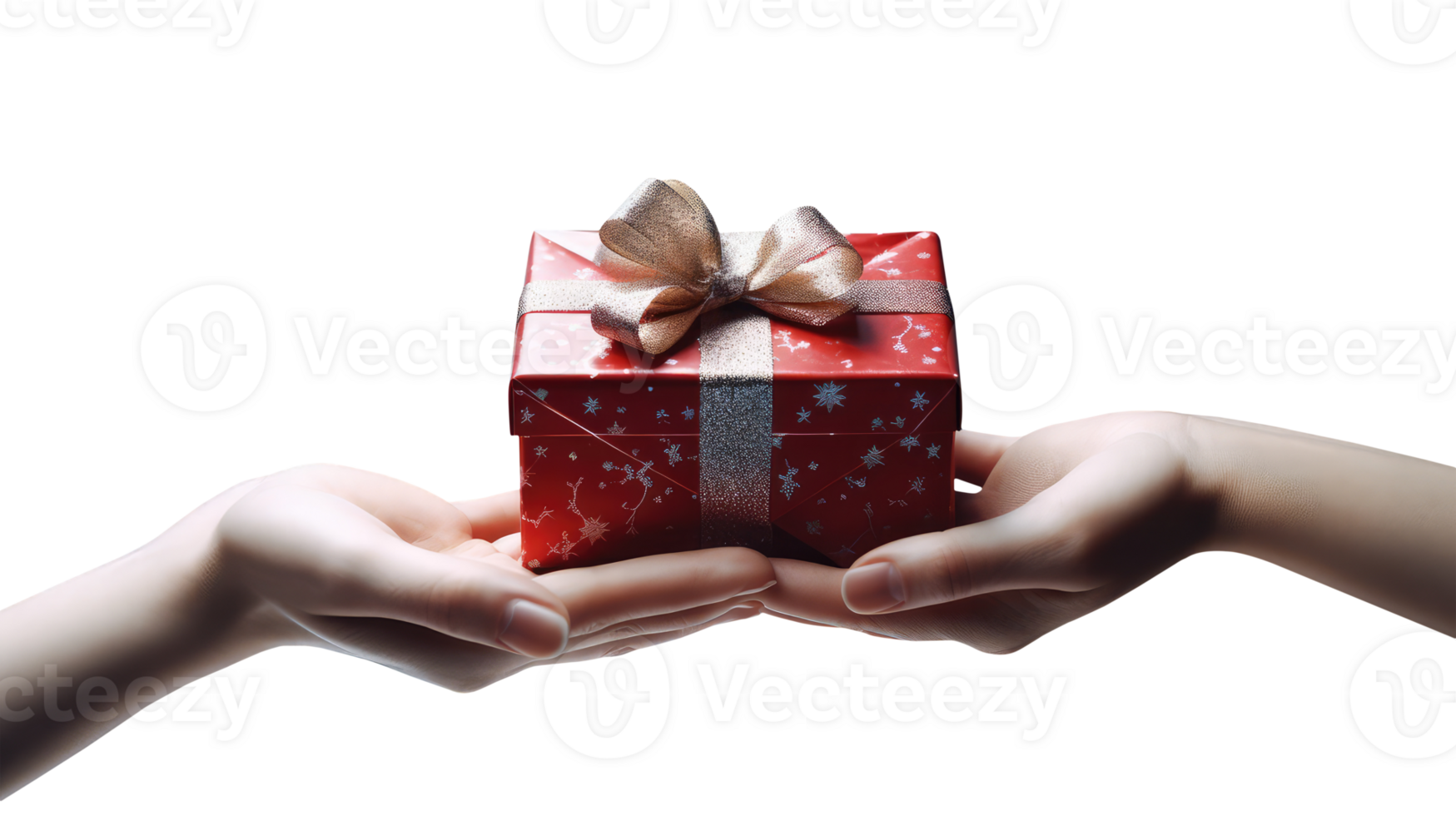 Close up Person Hand to Hand Holding Present a Red Gift Box Wrapped with Golden Ribbon Package in the Palms For Celebrate Happiness, Sacrificing, Volunteer Donation. png