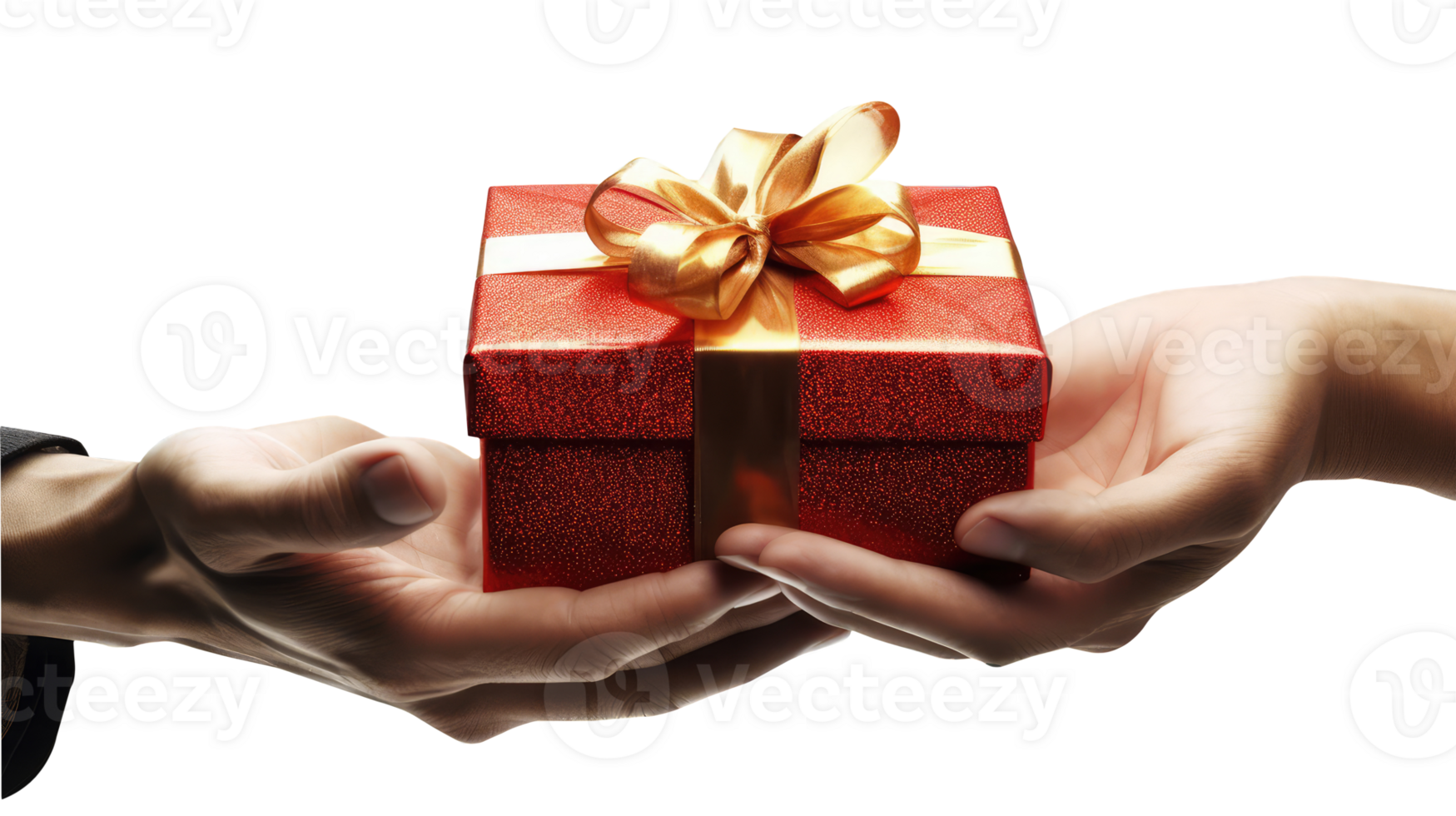 Close up Person Hand to Hand Holding Present a Red Gift Box Wrapped with Golden Ribbon Package in the Palms For Celebrate Happiness, Sacrificing, Volunteer Donation. png