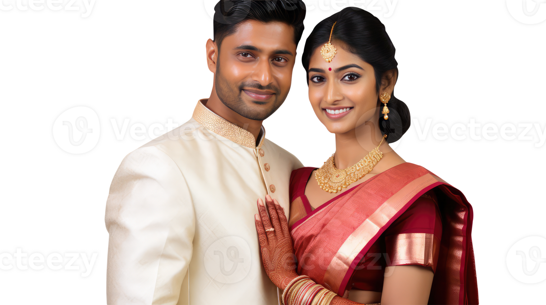 Happy Middle Age Indian Couple Hugging and Standing to Close in Tradiitonal Attire Saree and Kurta. A Fictitious Character Created By . png