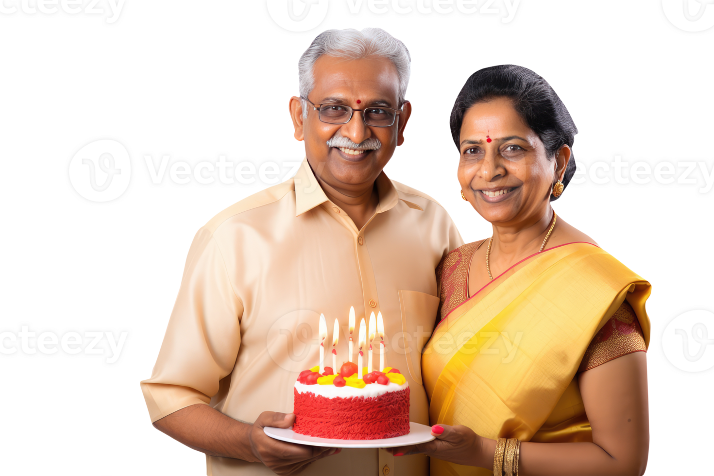 Happy Middle Age Indian Couple Standing to Close and Holding Cake with Burning Candles. A Fictitious Character Created By . png
