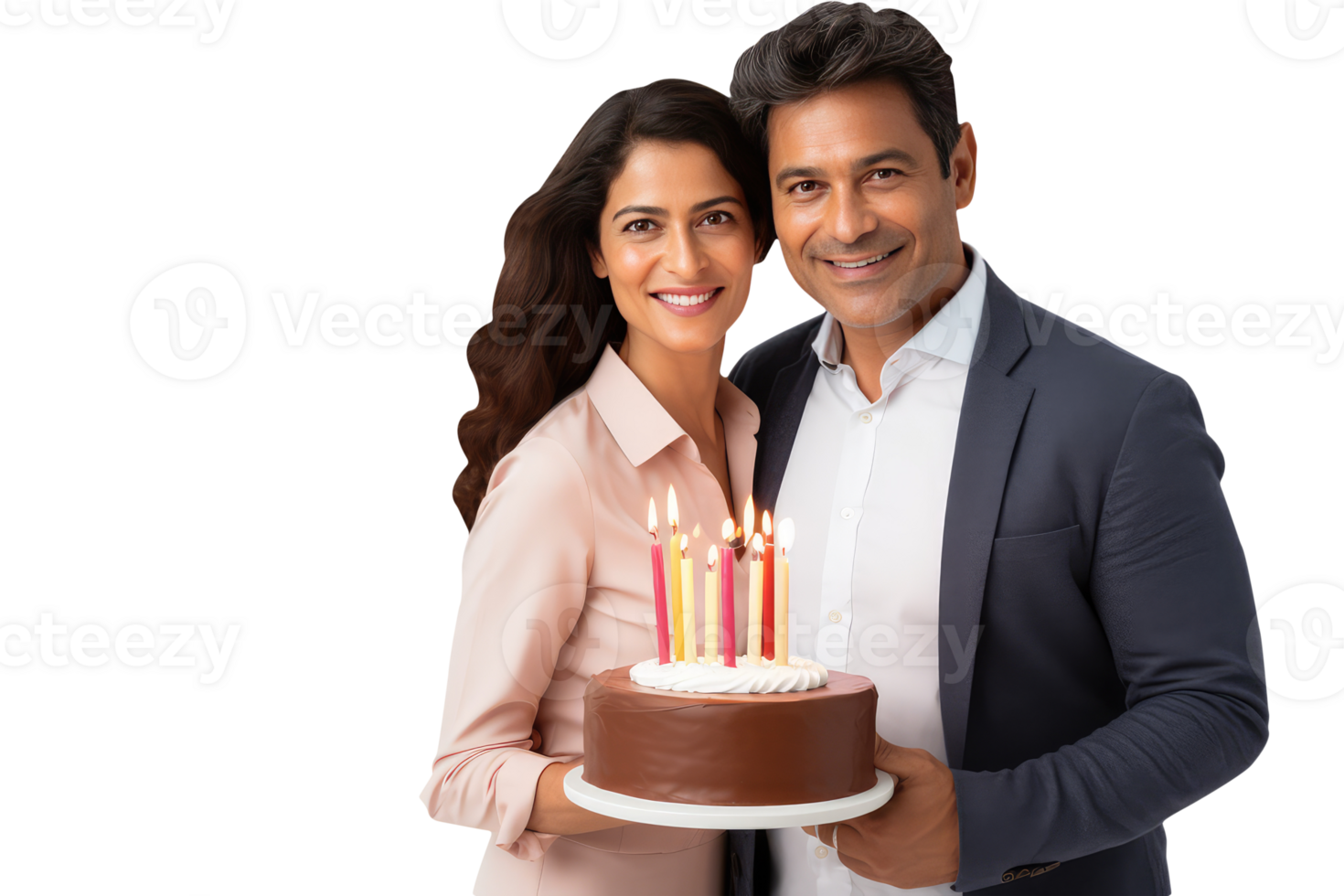 Happy Young Indian Couple Standing to Close and Holding Cake with Burning Candles. A Fictitious Character Created By . png