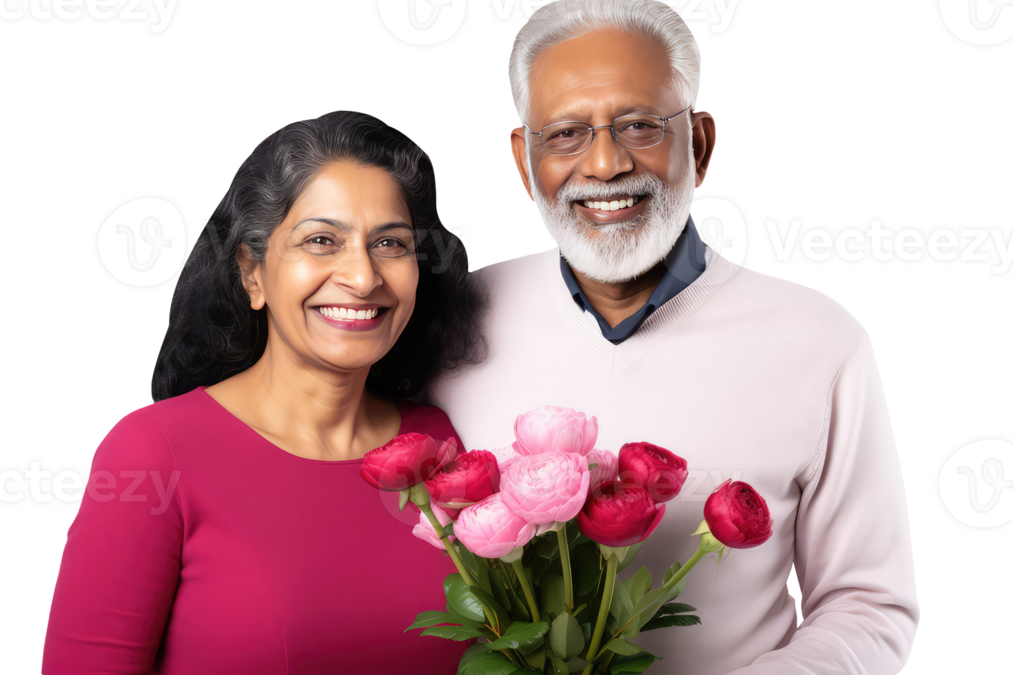Happy Middle Age Indian Couple Stands to Close with Roses in Modern Attire. A Fictitious Character Created By . png