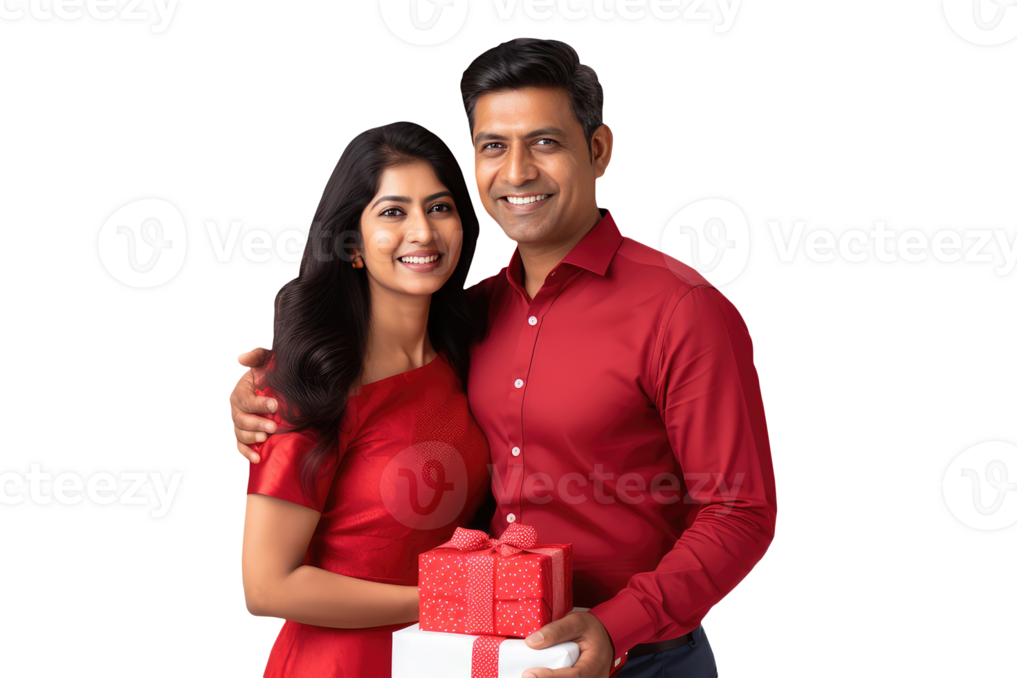 Happy Middle Age Indian Couple Hugging and Stands to Close with Gifts Boxes. A Fictitious Character Created By . png