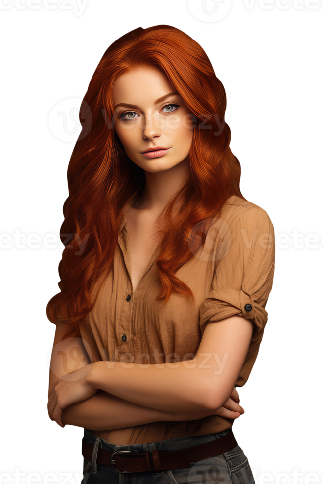 Beautiful Eye Contact Blonde Woman with Reddish Long Hair and Standing Hands Crossed. A Fictitious Beauty Character Created By . png