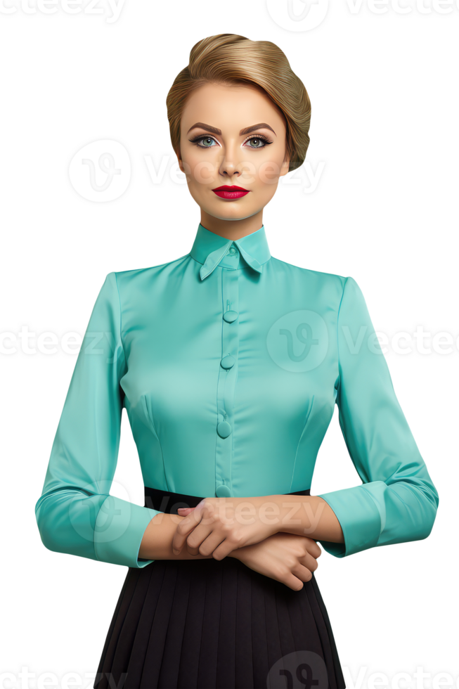 Beauty Portrait of Alluring Fair Woman with Beautiful Eyes, with Golden Hair and Red Lips in Light Blue and Black Attire. A Fictitious Character Created By . png