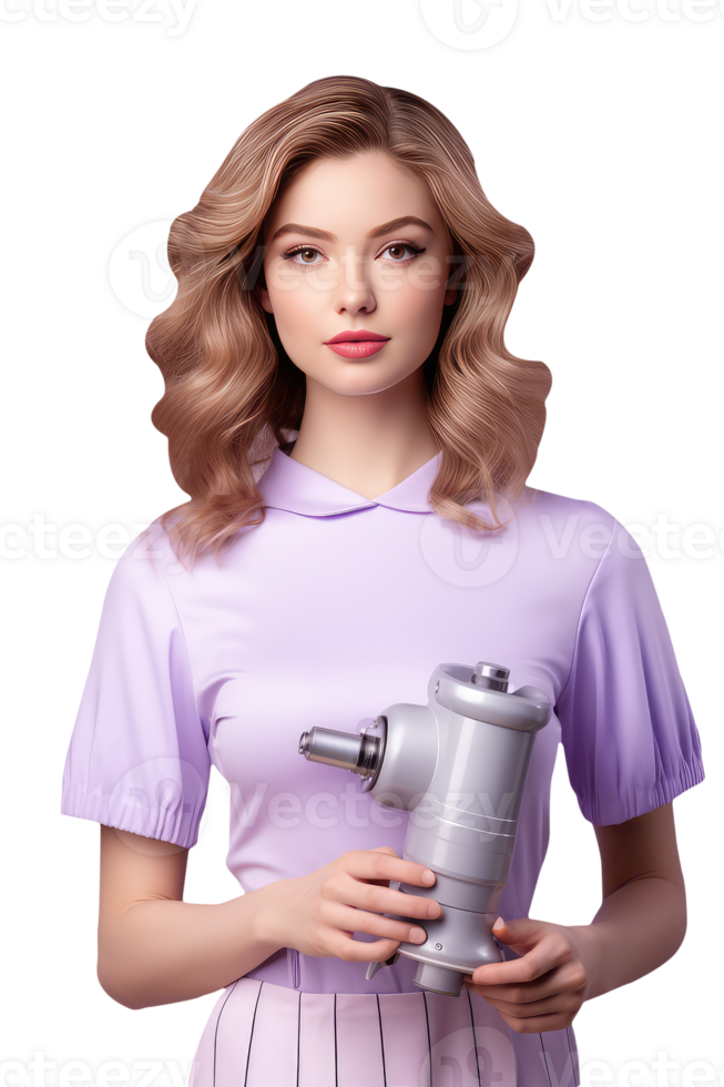 Portrait of Fair Woman Holding Appliance with Golden Hair in Purple Dress. A Fictitious Character Created By . png