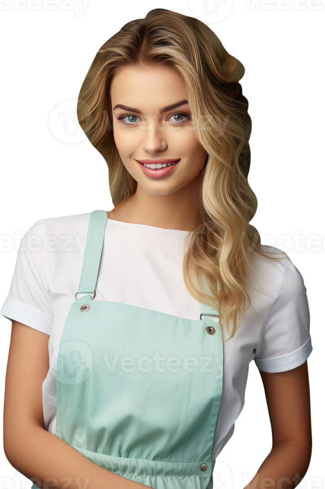 Beautiful Smiling Blonde Woman with Open Golden Hair in Turqoise Apron and White Shirt. A Fictitius Character Created By . png