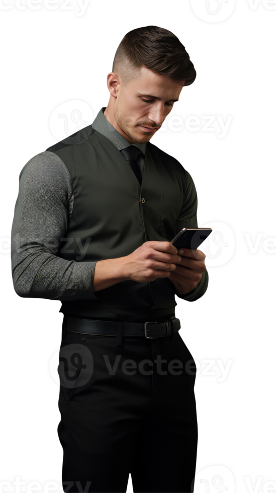 Portrait of Handsome Man Engaging Mobile in Well Dress as Shirt and Tie. A Fictitious Character Created By . png