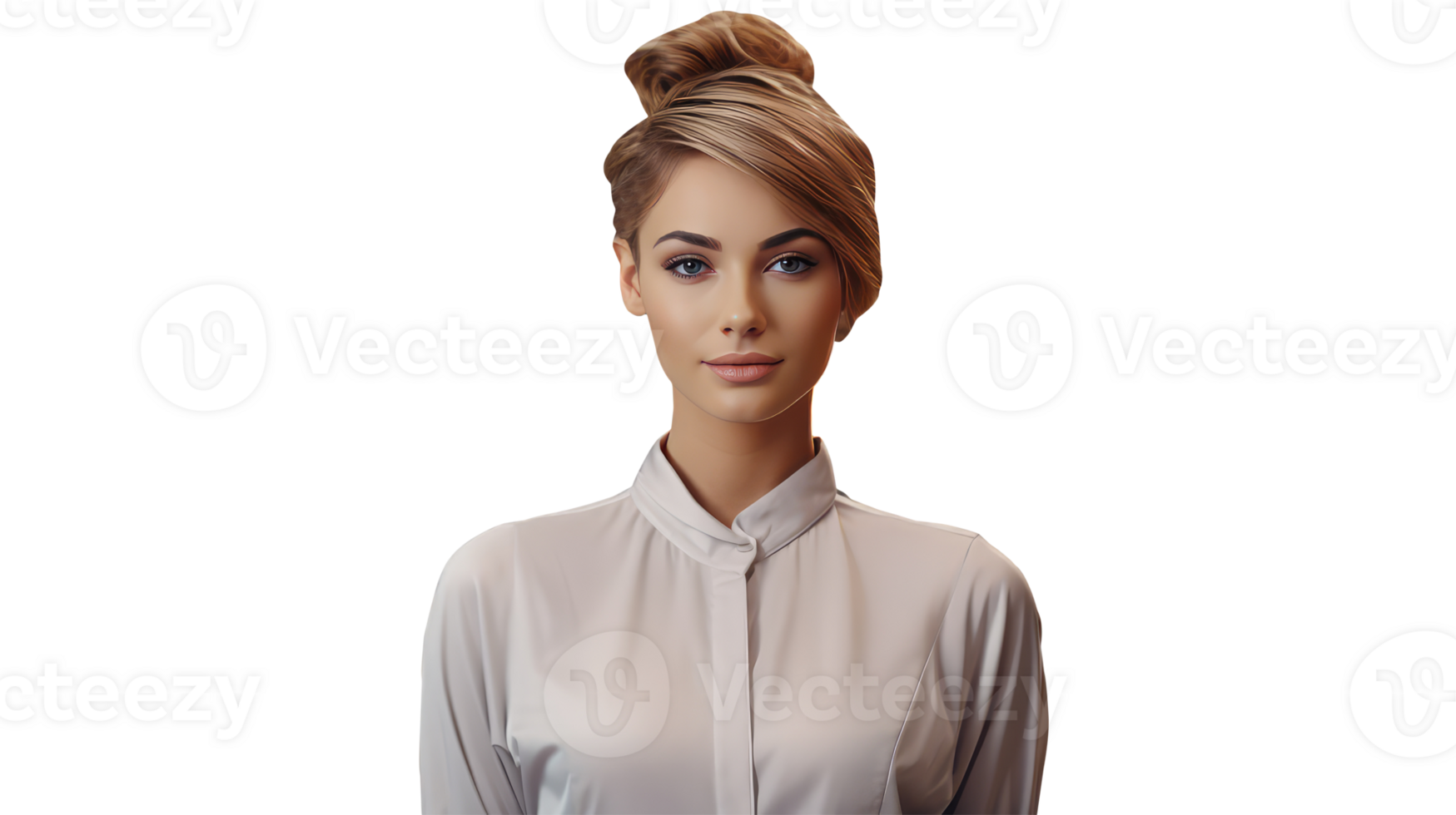 Beauty Portrait of Alluring Blonde Woman with Beautiful Grey Eyes and Golden Hair Combed in Bun. A Fictitious Character Created By . png