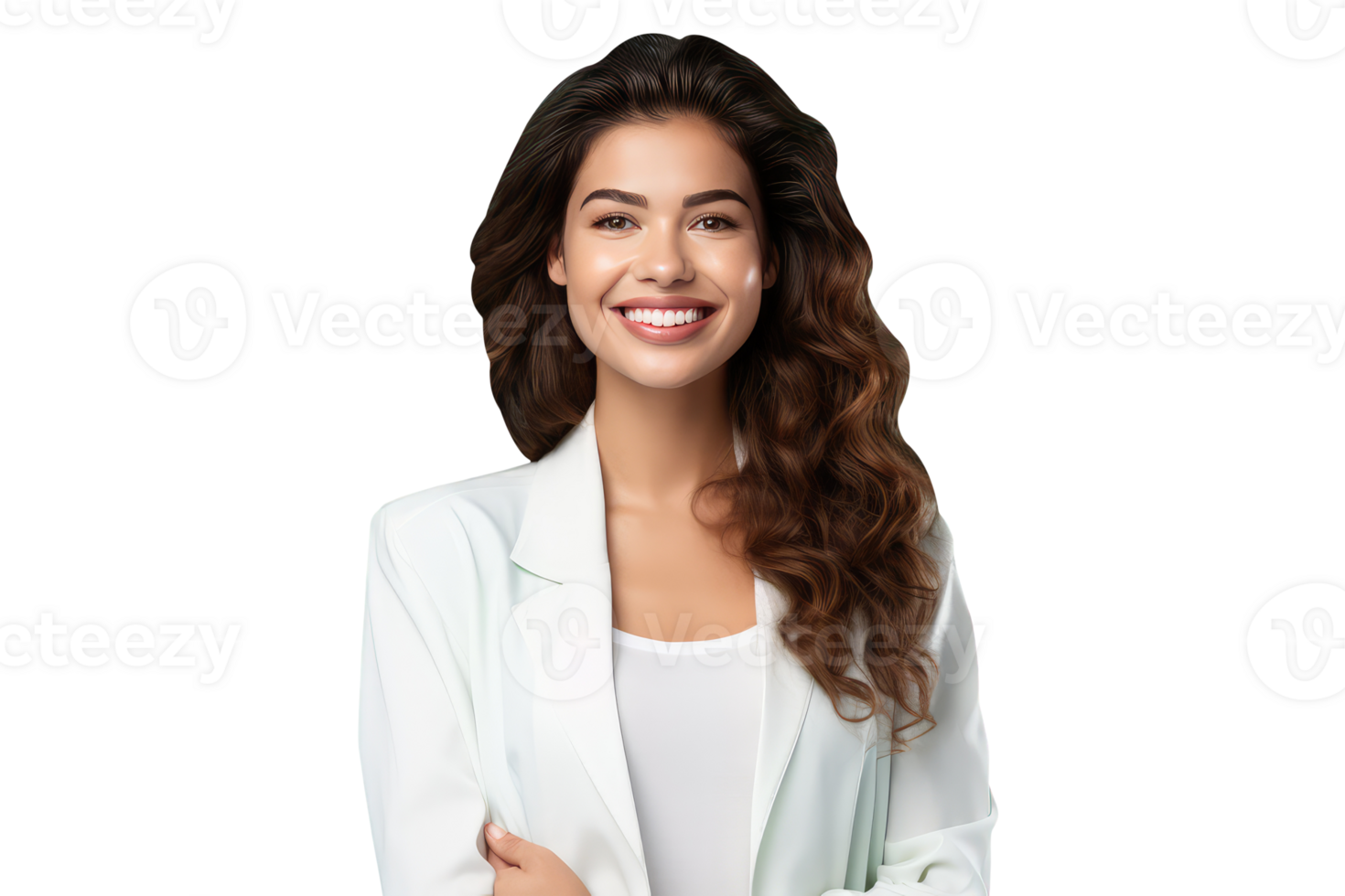 Portrait Beautiful Model Young Woman with Healthy Long Wavy Hair and Blonde skin, Grey Eyes in White Coat. A Fictitious Beauty Character Created By . png