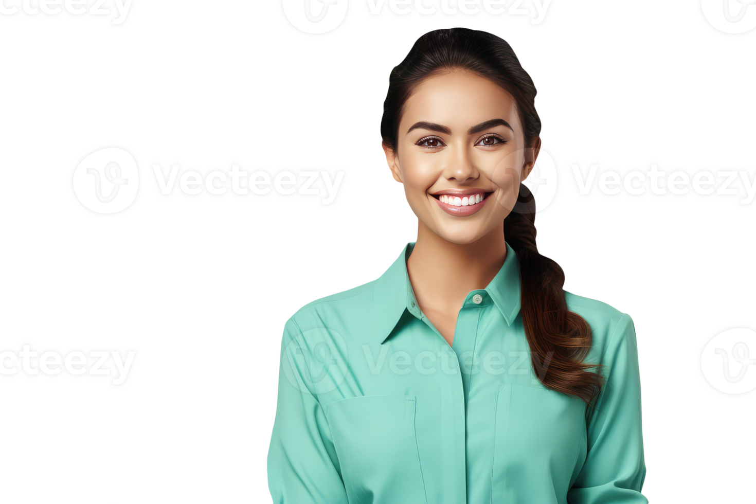 Portrait Beautiful Model Young Woman with Healthy Long Wavy Hair and Blonde skin in Turquoise Shirt. A Fictitious Beauty Character Created By . png