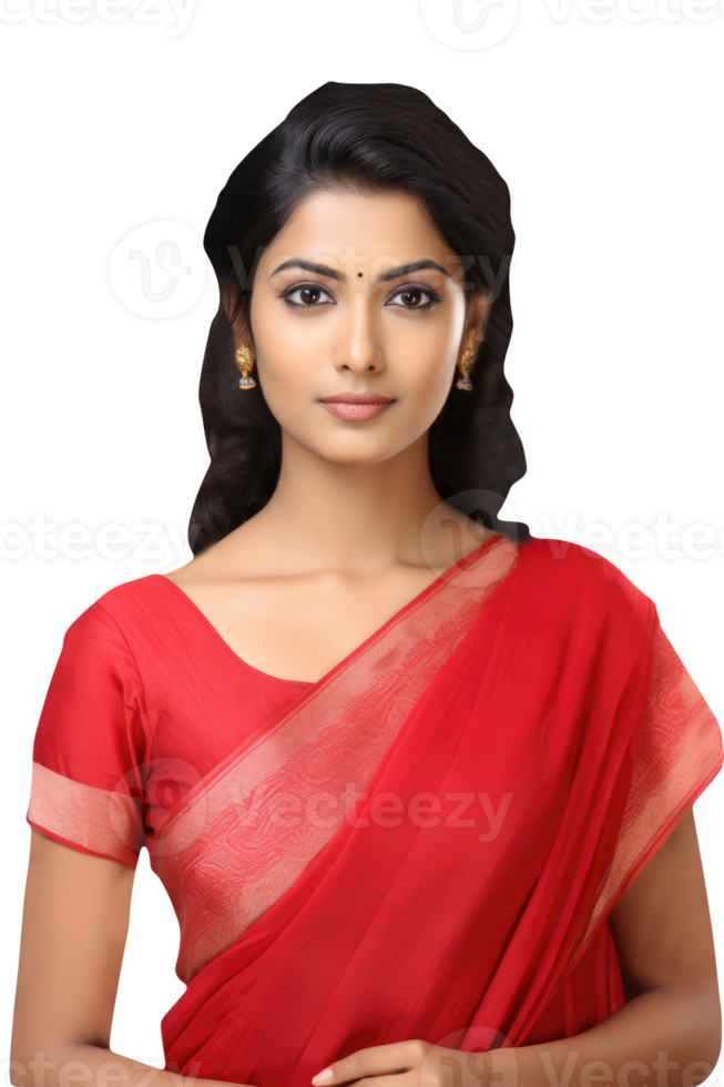Closeup Portrait of Beautiful Indian Woman Wearing a Traditional Red Sari, Which is a Common Attire for Women in India Culture Showing Character Created By . png