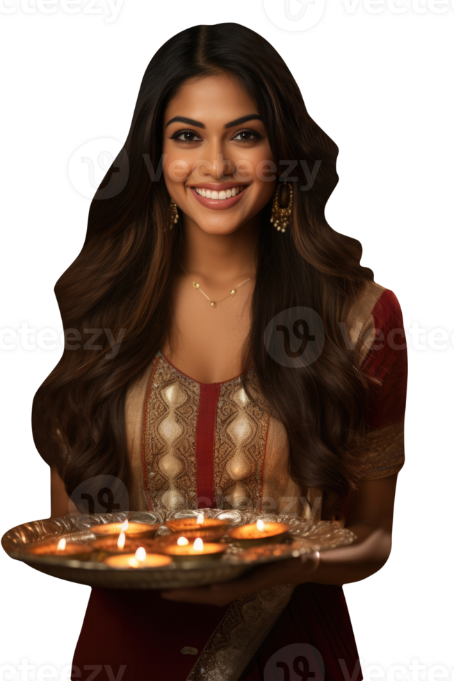 Beautiful Smiling Indian Young Woman Wearing Traditional Grab In Kurti and Holding a Plated full of Diya. A Fictitious Character Created By . png