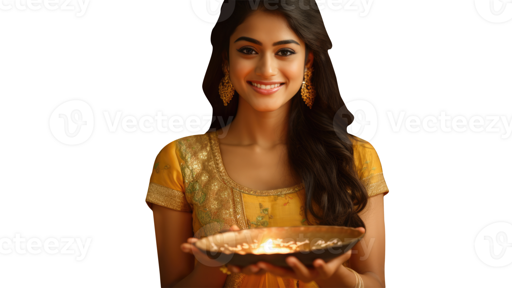 Beautiful Smiling Indian Young Woman Wearing Traditional Grab In Kurti and Holding a Plated full of Diya. A Fictitious Character Created By . png