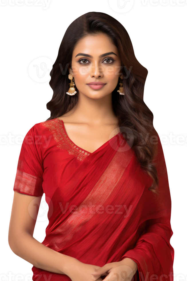 Closeup Portrait of Beautiful Indian Woman Wearing a Traditional Red Sari, Which is a Common Attire for Women in India Culture Showing Character Created By . png