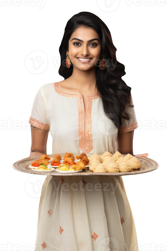 Happy Indian Woman Holding a Plate Filled Various Type Sweets in Traditional Dress as White Kurti Character Created By . png