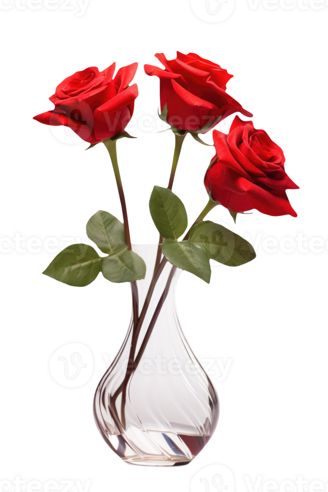 Realistic Beautiful Red Bouquet of Roses in a Glass Vase Kept on Transparent Background. . png