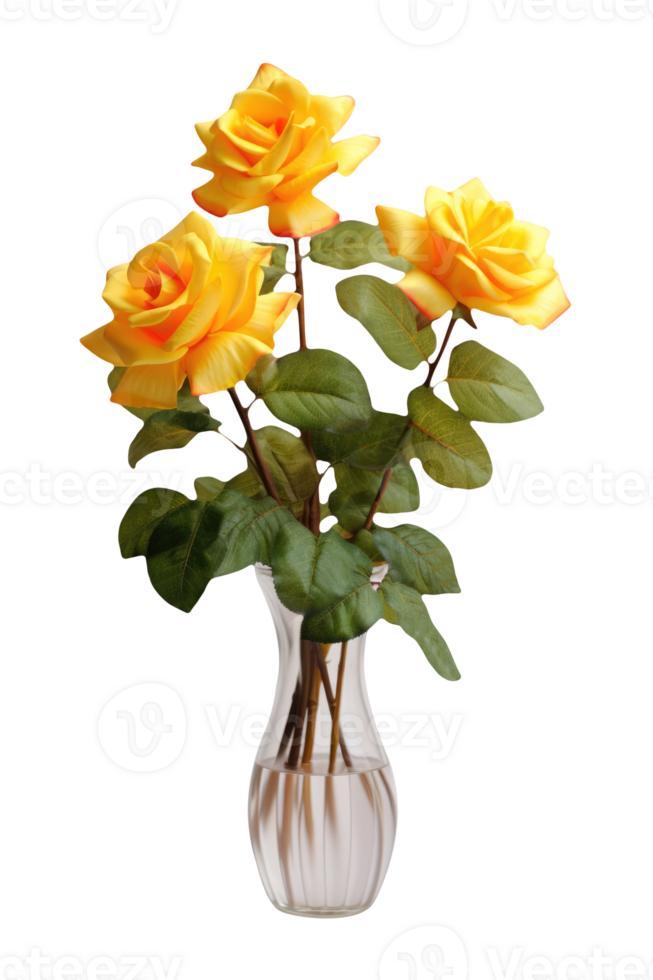 Realistic Beautiful Yellow Bouquet of Roses in a Glass Vase Kept on Transparent Background. . png