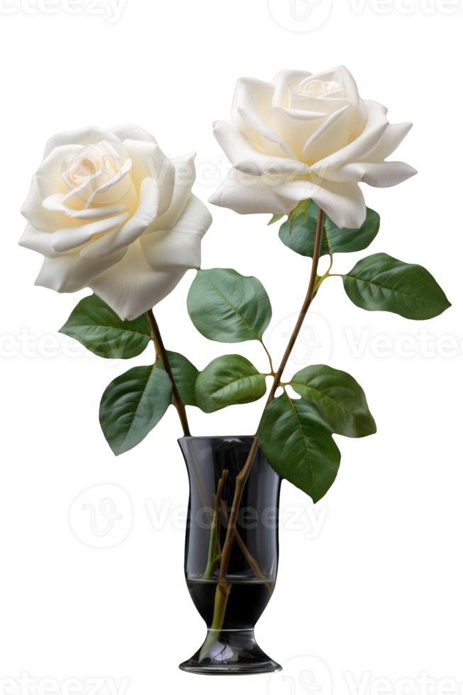 Realistic Illustration of Beautiful White Bouquet of Roses in a Black Vase Kept on Transparent Background. . png