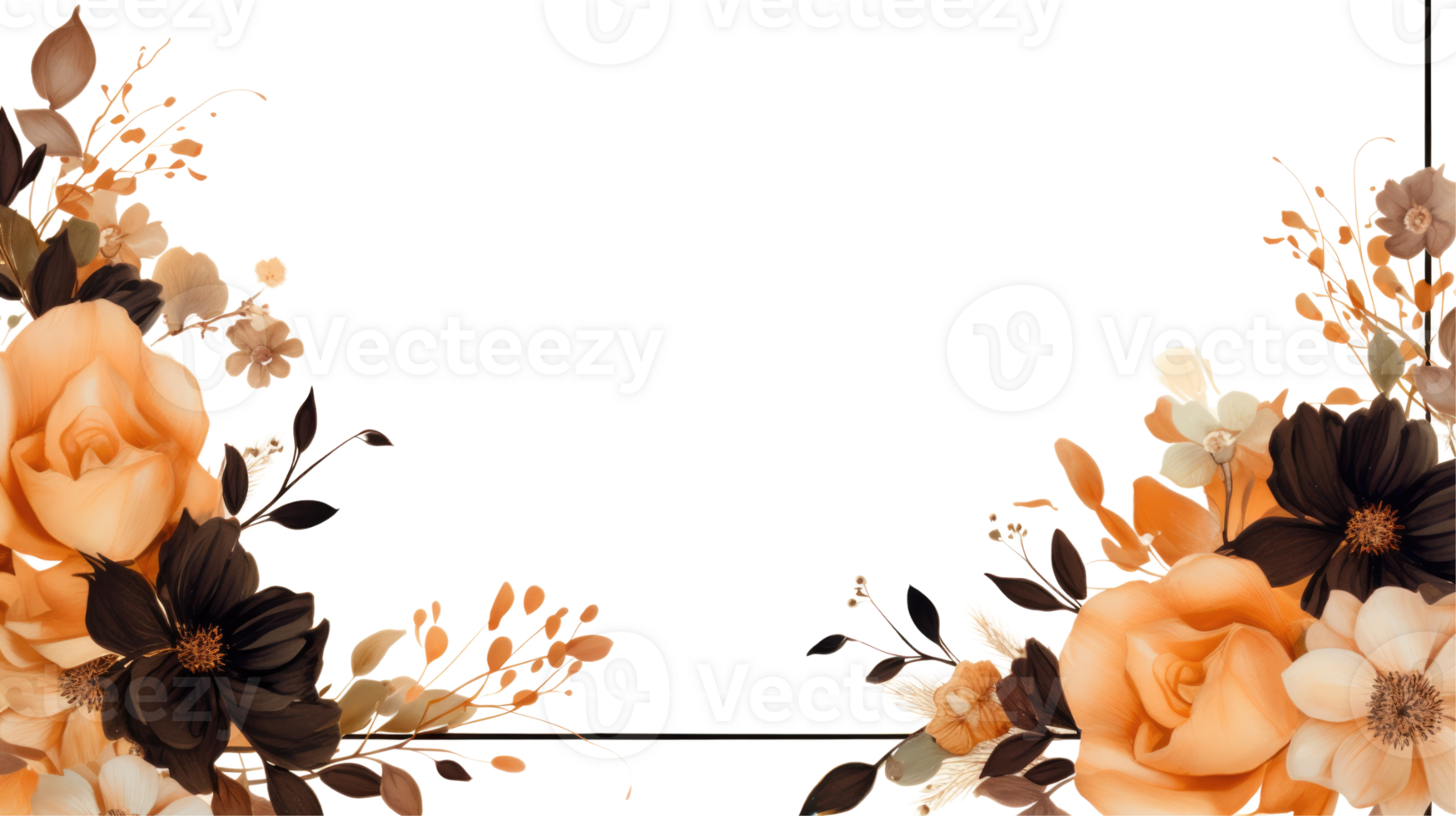 Watercolor Black and Orange Floral Border Decor on Background and Copy Space. png