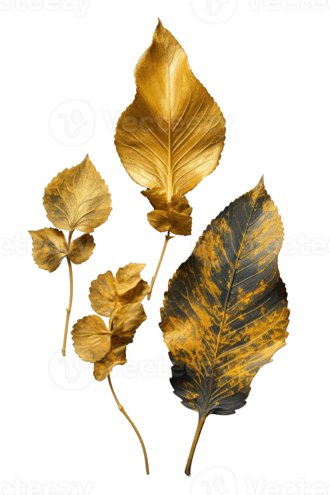 Beautiful Grey and Golden Artificial Leaf Twig Set on Background. png