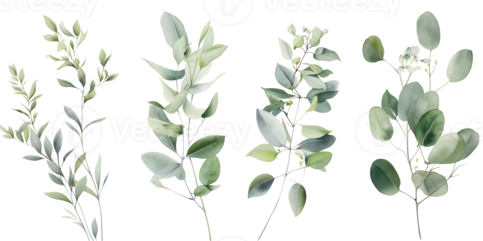 Set of Green Eucalyptus Leaf Stem on Background. png