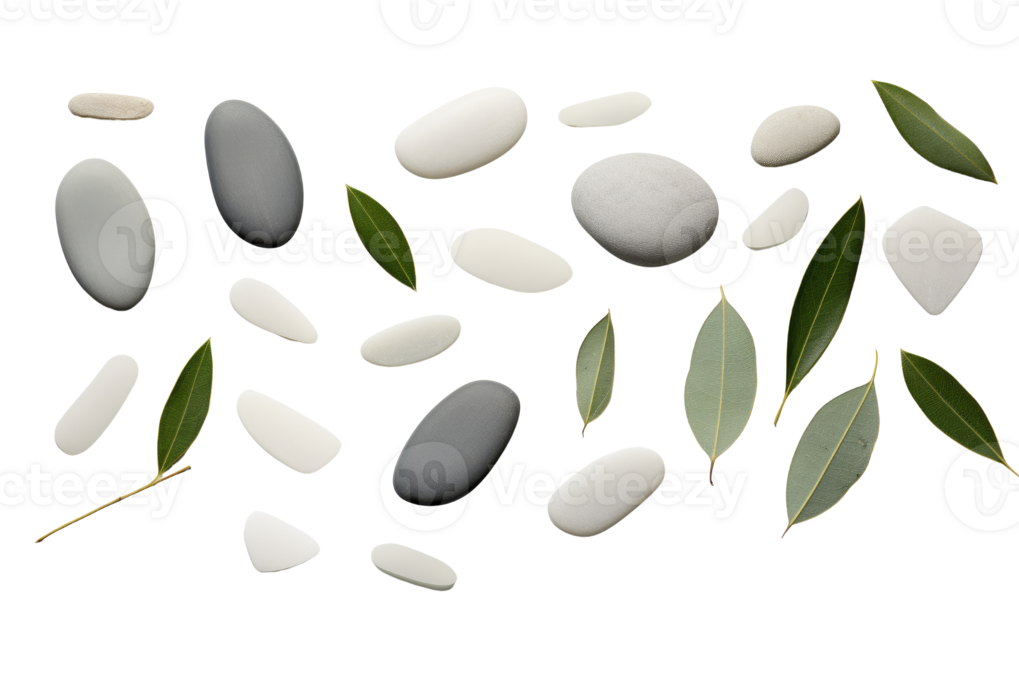 Top view of gray pebble stone with green leaves flat lay on background for spa. png