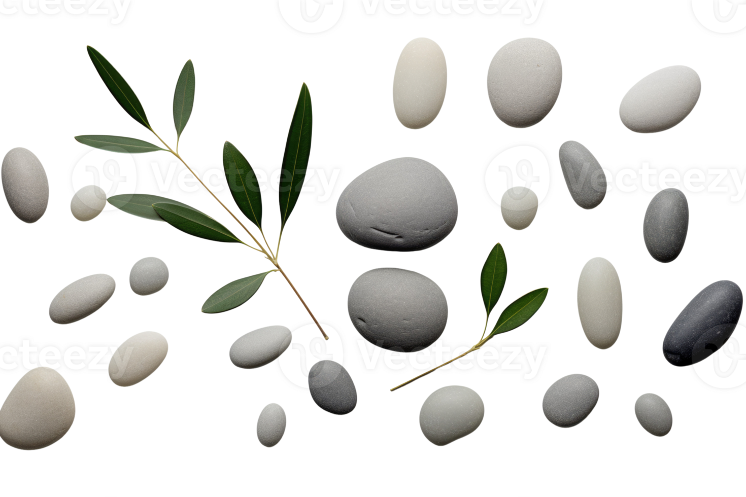 Top view of gray pebble stone with green leaves flat lay on background for spa. png