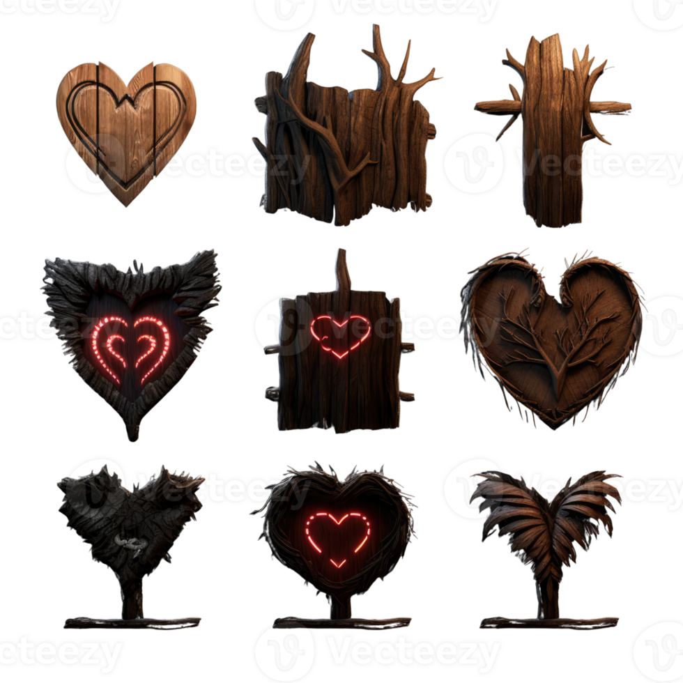 Unique Wooden Artwork - Hearts and Tree Symbols or Sign Set Photogenic . png