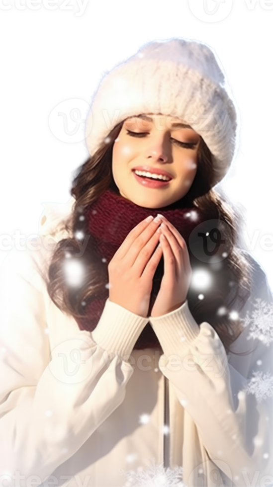 Young Woman Enjoys Snowfall at Winter Vacation, Smiling and Posing for Photo . png