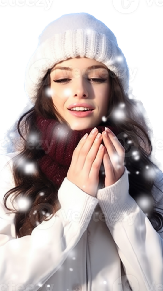 Young Woman Enjoys Snowfall at Winter Vacation, Smiling and Posing for Photo . png