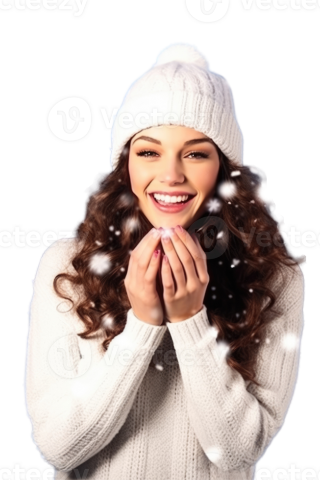 Young Woman Enjoys Snowfall at Winter Vacation, Smiling and Posing for Photo . png