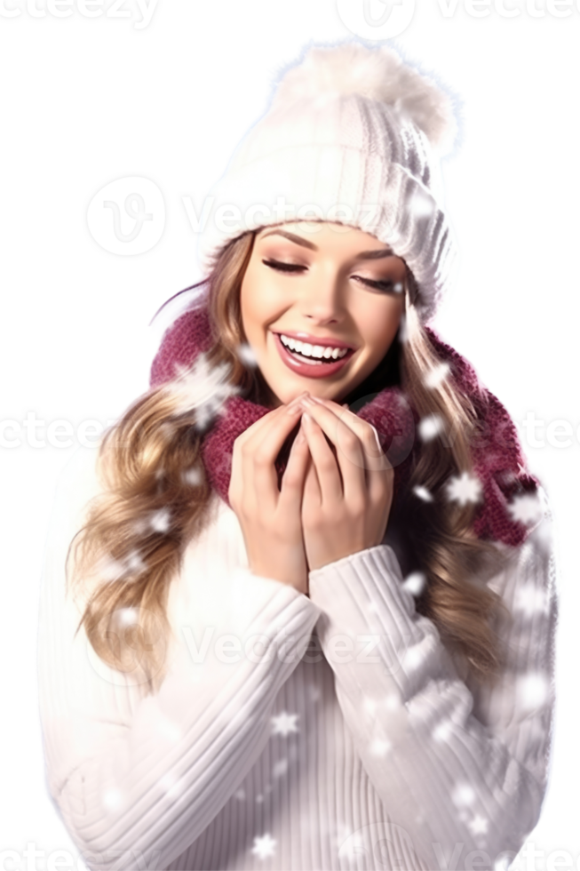 Young Woman Enjoys Snowfall at Winter Vacation, Smiling and Posing for Photo . png