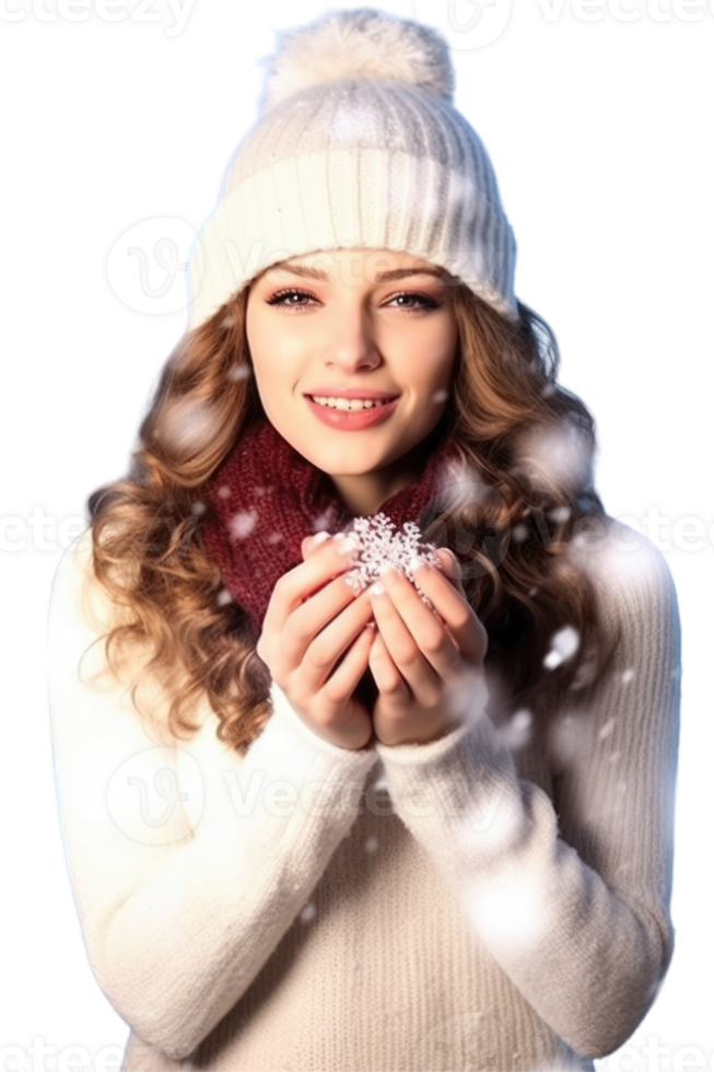 Young Woman Enjoys Snowfall at Winter Vacation, Smiling and Posing for Photo . png