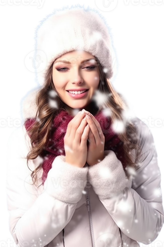 Young Woman Enjoys Snowfall at Winter Vacation, Smiling and Posing for Photo . png