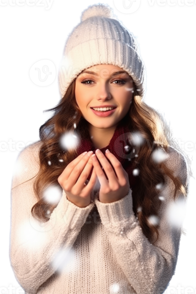 Young Woman Enjoys Snowfall at Winter Vacation, Smiling and Posing for Photo . png