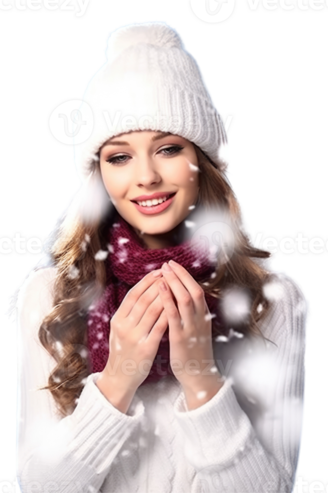 Young Woman Enjoys Snowfall at Winter Vacation, Smiling and Posing for Photo . png