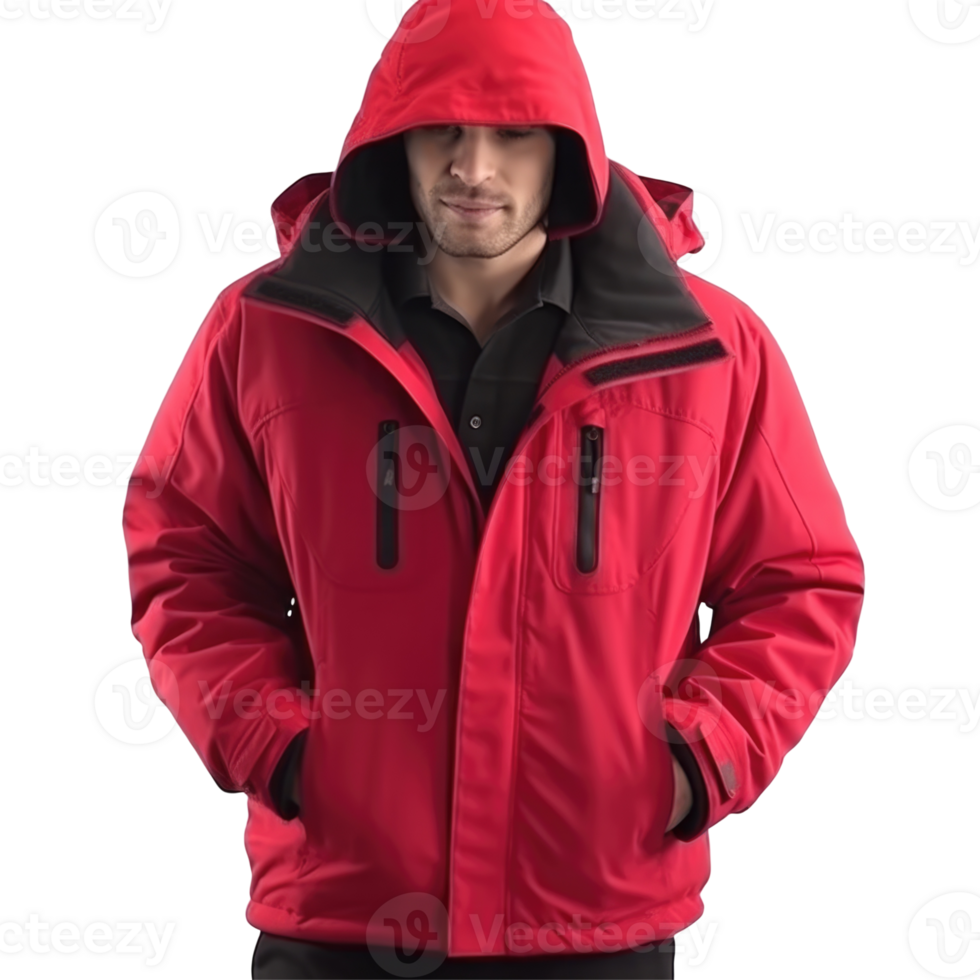 Handsome Man Wearing Red Hoodie Jacket on Background for Winter Season. png