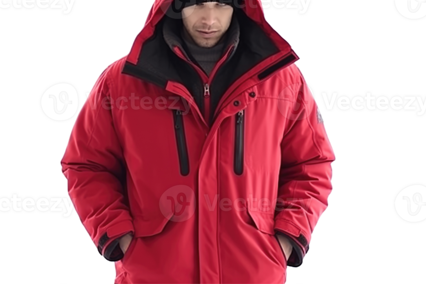 Handsome Man Wearing Red Hoodie Jacket on Background for Winter Season. png