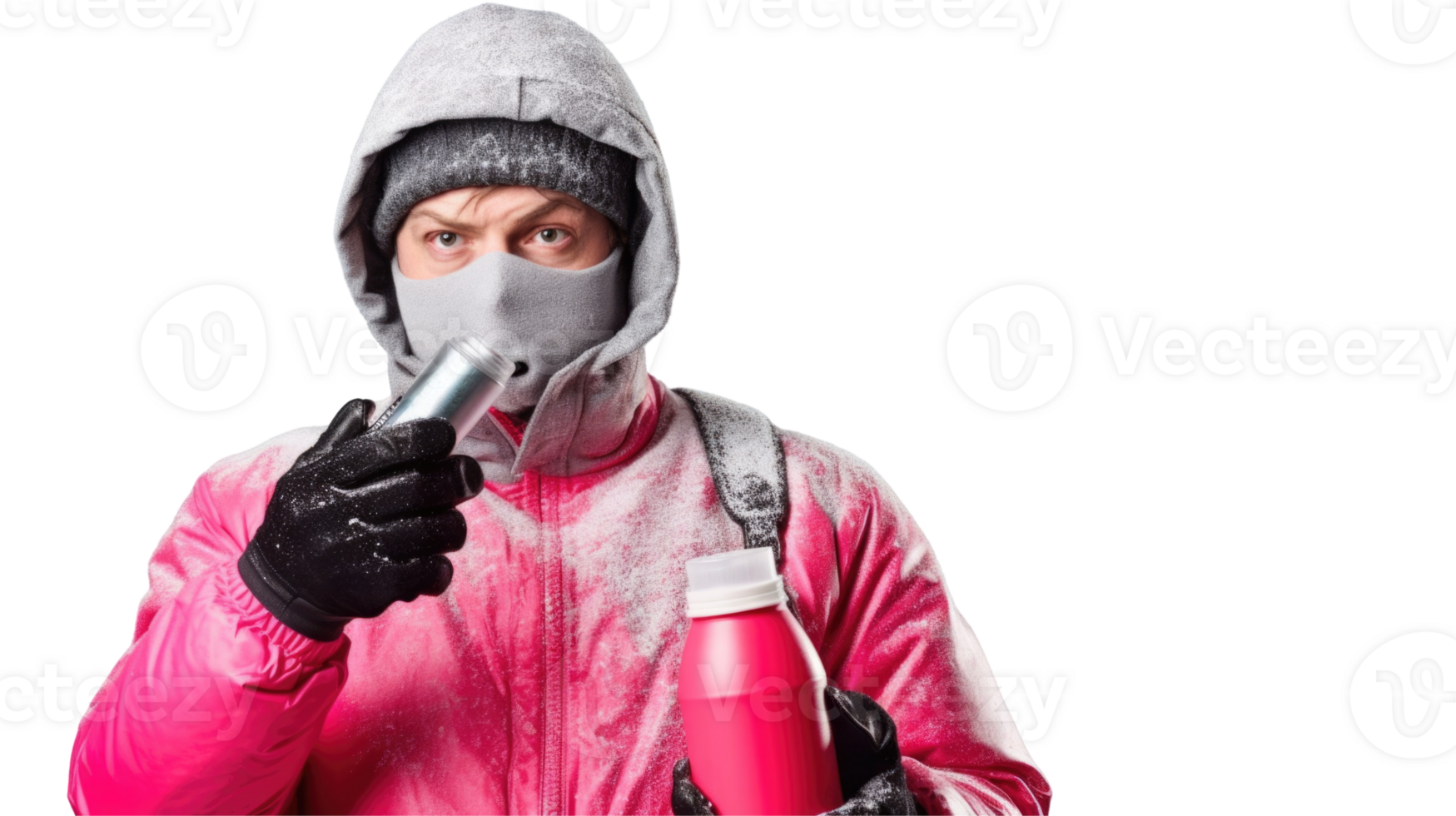 Dissatisfied Man Wearing Red Hooded Jacket with Spray Bottle on Background. png