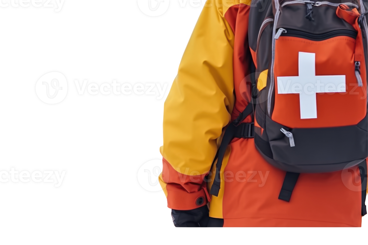 Back Side of Rescuer Wear Orange Jacket and First Aid Bag on Background. png